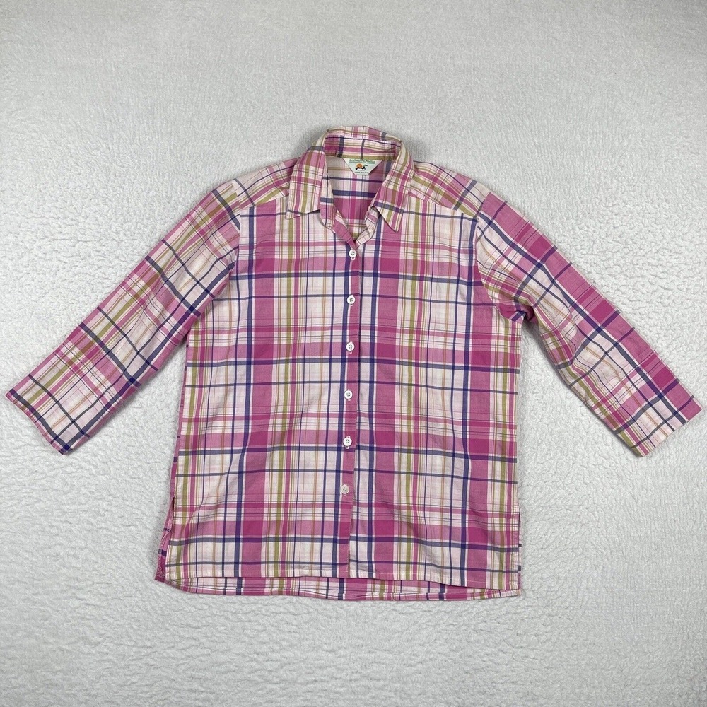 Andrew McMullan Shirt Womens Small Pink Plaid Vintage 3/4 Sleeve Made In USA Top